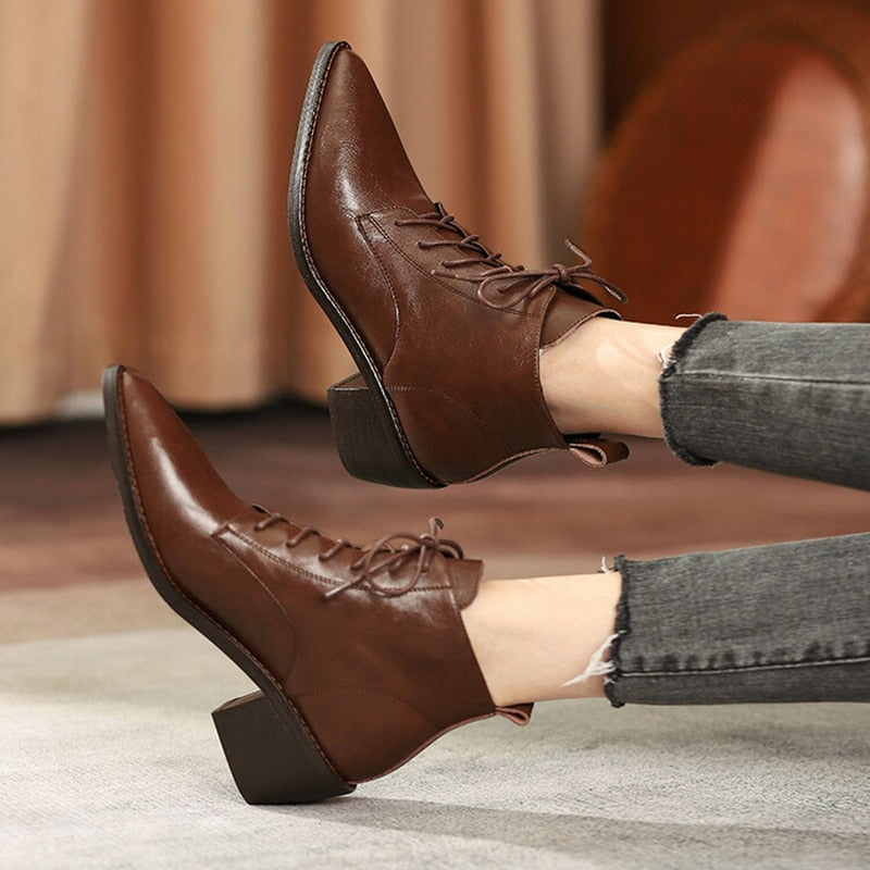 Botines Alexia de piel con cordones, 2 colores, HECHOS A MANO