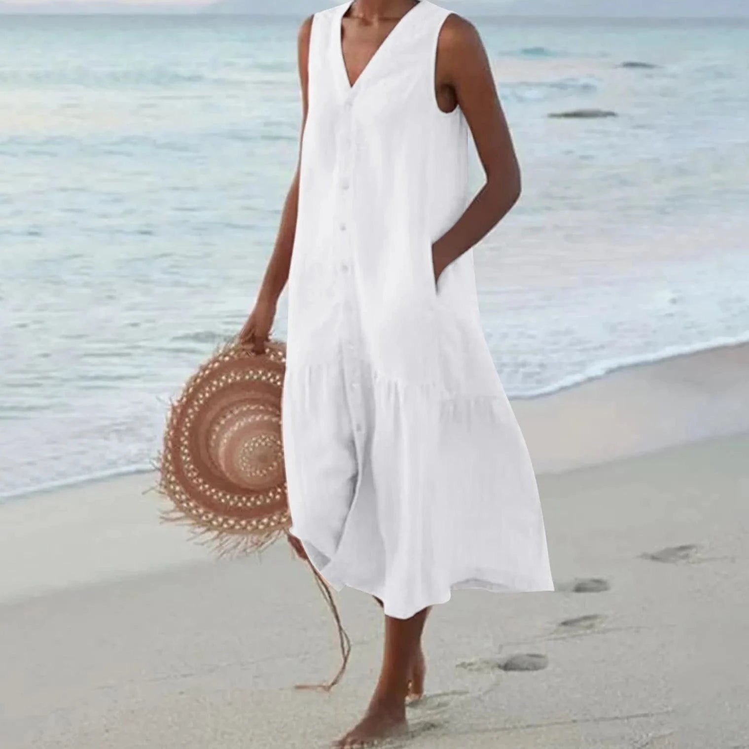 Vestido CHLOE de algodón lino, 5 colores, tallas (36-46)
