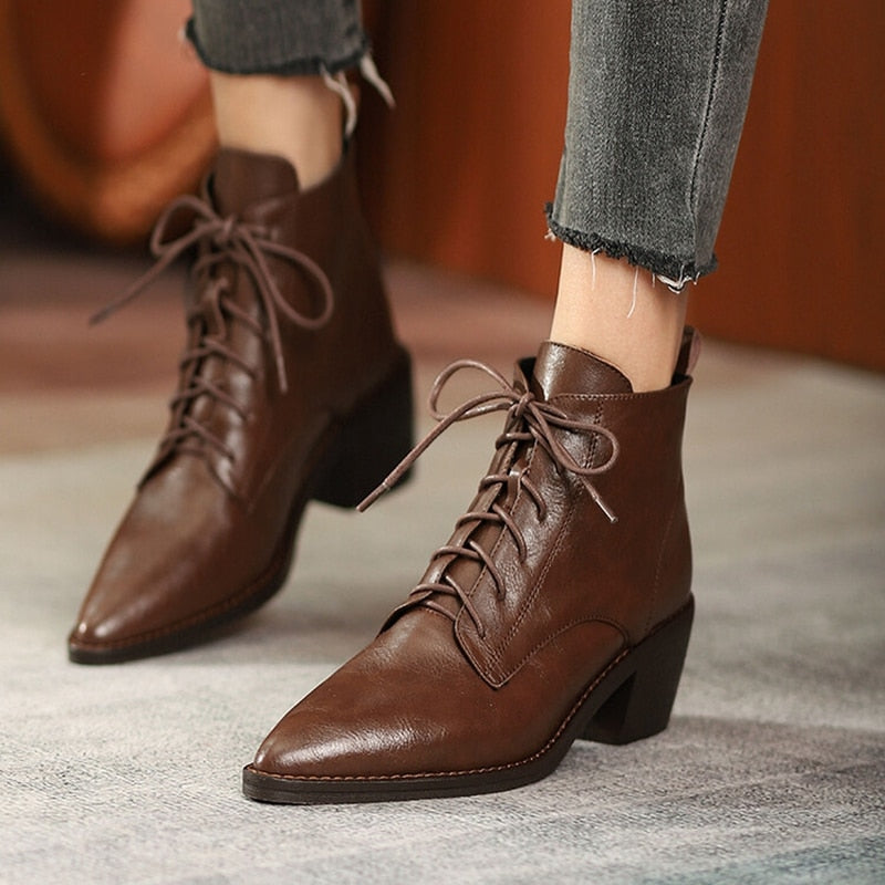 Botines Alexia de piel con cordones, 2 colores, HECHOS A MANO