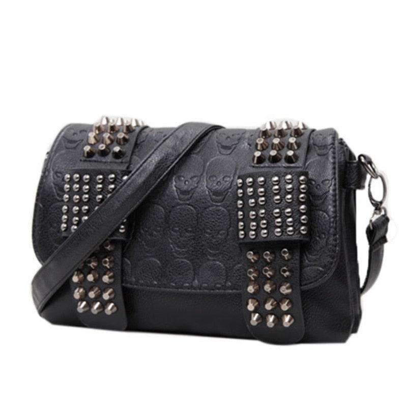Sac à bandoulière tête de mort en cuir noir