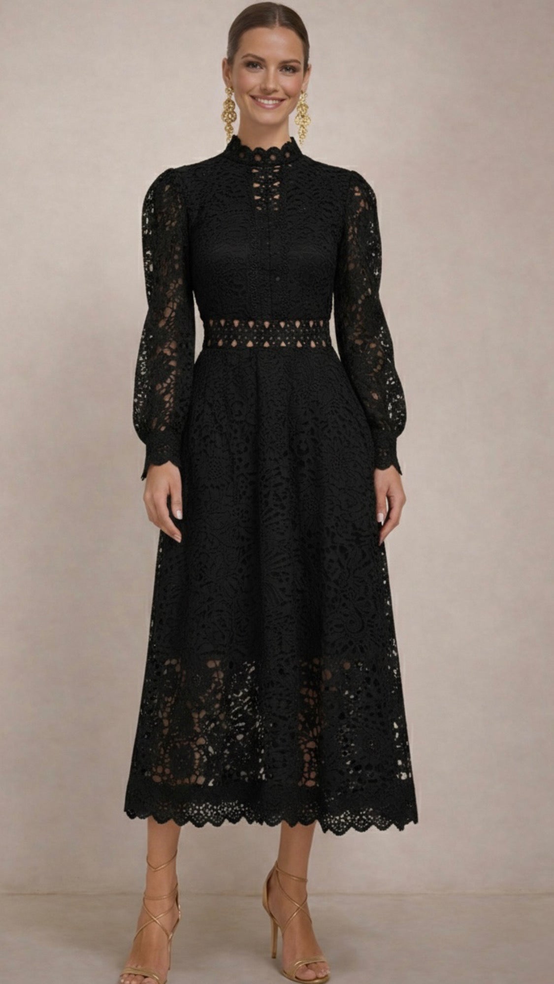Bella dress in lace and embroidery with lining, 4 colors, sizes (36-48) (video)
