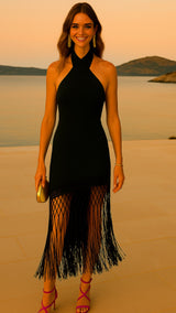 Amalfi dress in cotton linen lycra with fringe, sizes (36-44) (video)