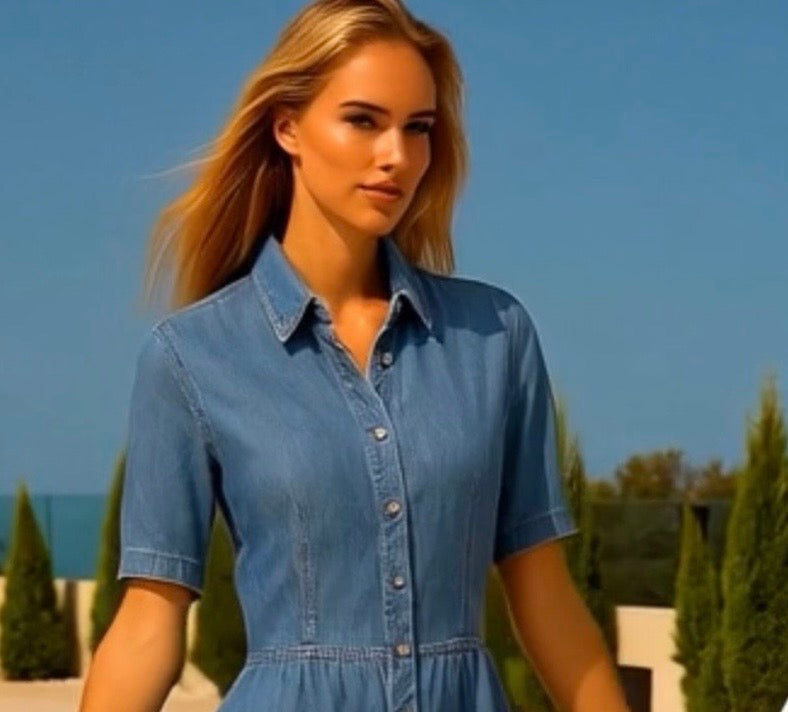 Vestido Denis Denim camisero vaquero licra bolsillos, tallas (36-50)(vídeo)