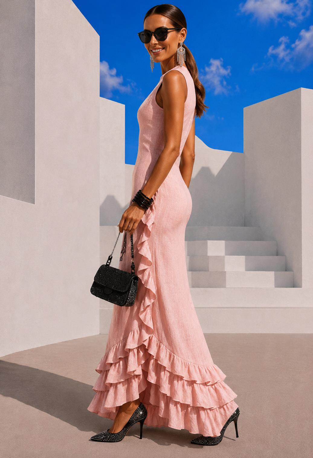 Hello linen-viscose dress with flounce and drape, 3 plain colours, sizes (34-48) video