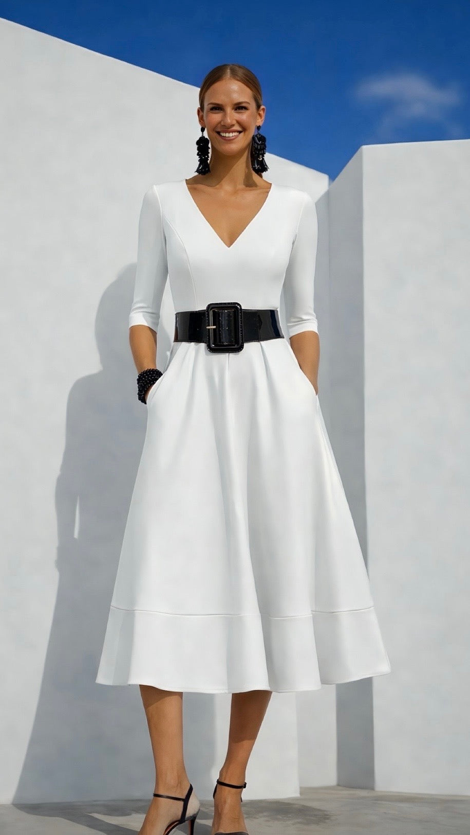 Lola stretch cotton elastane dress with belt, 4 colors, sizes (36-50)