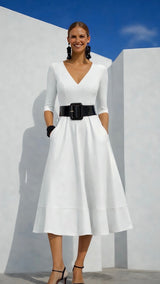 Lola stretch cotton elastane dress with belt, 4 colors, sizes (36-50)