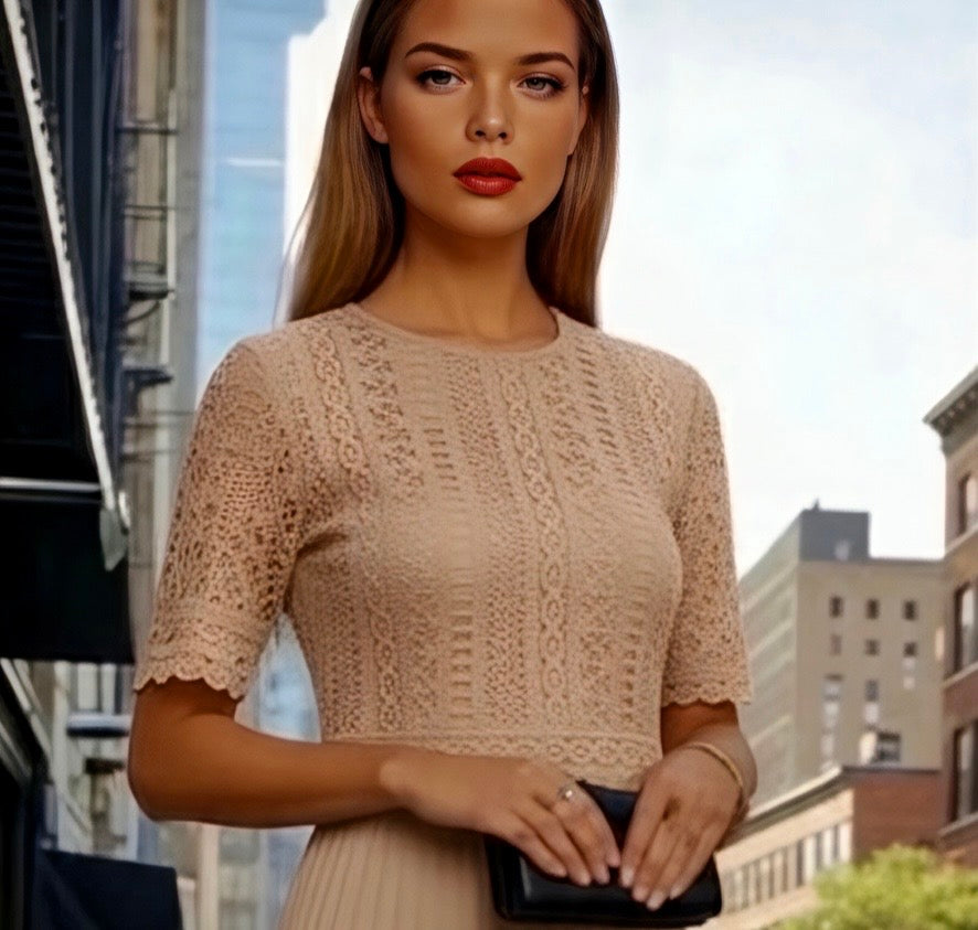 Christian embroidered knit dress made of stretch cotton lycra and pleated, 3 colors, sizes (36-48)