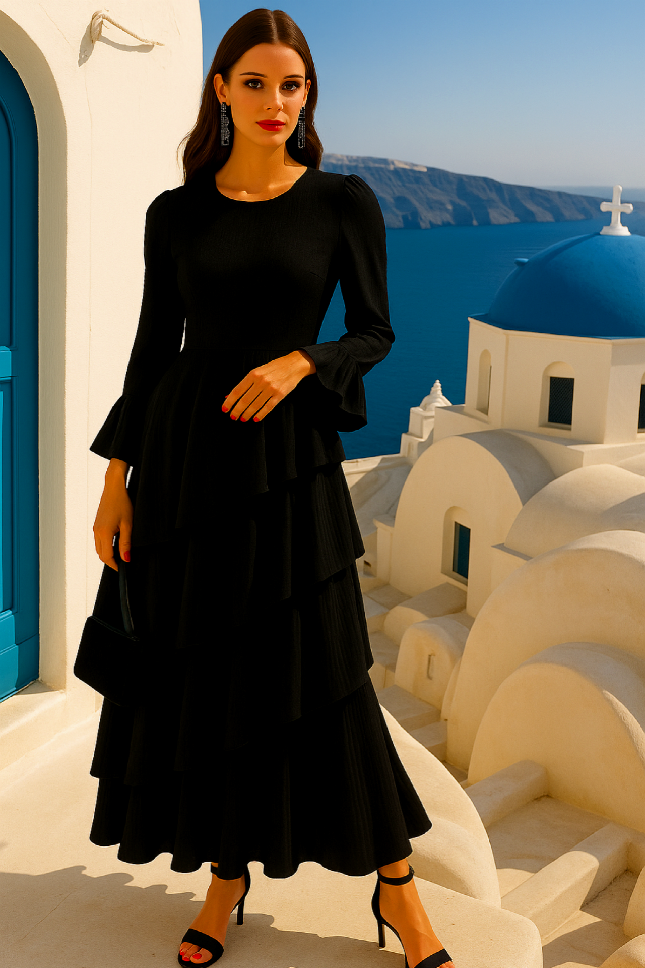 Devine dress with ruffles, cotton chiffon, and lycra, 3 colors, sizes (36-48)