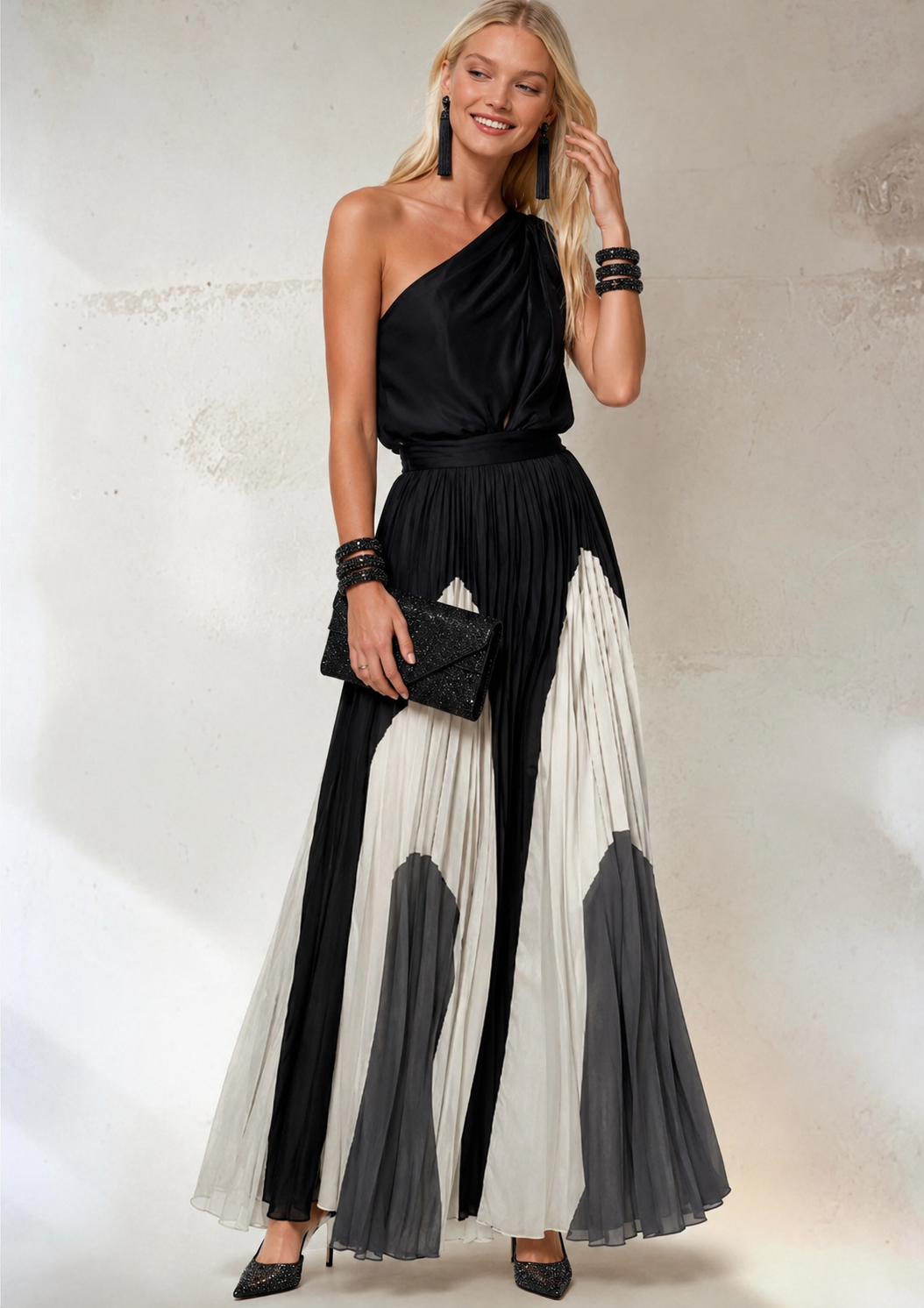 Vestido Sabrina asimetrico chiffon gasa plisado, 3 colores, tallas (34-46) vídeos