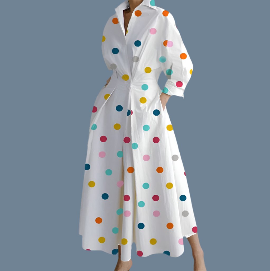 Loren Polka Dot Dress, cotton lycra with pockets and sash, 4 colors, 6 sizes from 36 to 46