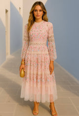 Melania dress, fully embroidered in tulle and lycra elastic mesh, 3 colors, sizes (36-48)