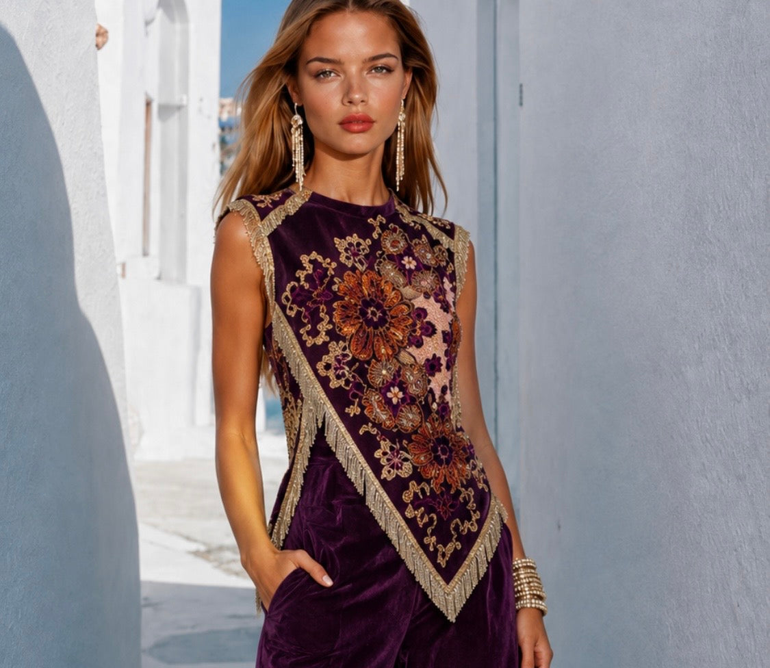 Lisbon fringed purple printed top, sizes (34-48)