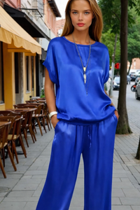 Estefan top y pantalón satinado elástico, 8 colores, talla (34-50)