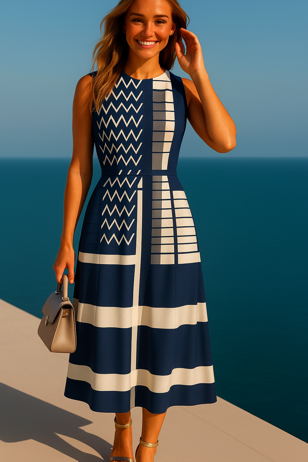 -40% OFF Printed cotton lycra sailor dress includes sash, sizes (36-52)