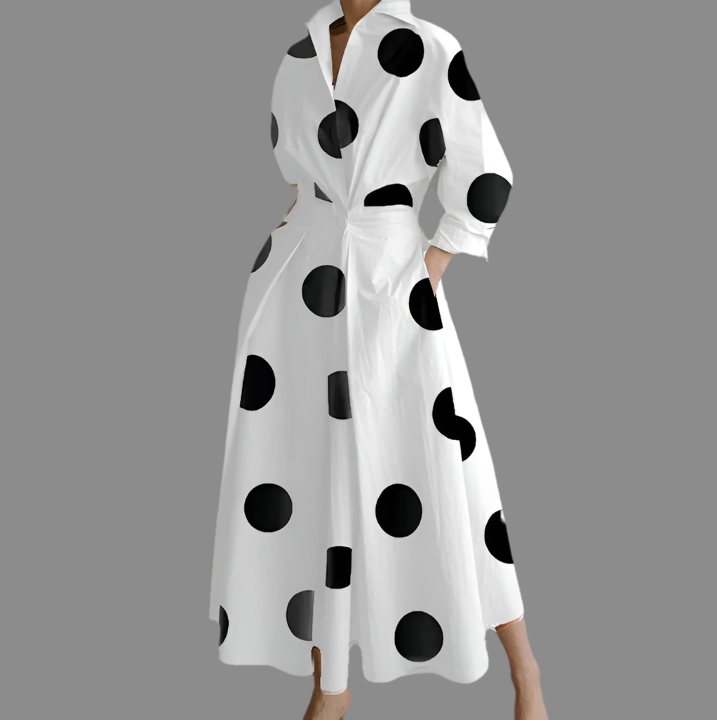 Loren Polka Dot Dress, cotton lycra with pockets and sash, 4 colors, 6 sizes from 36 to 46