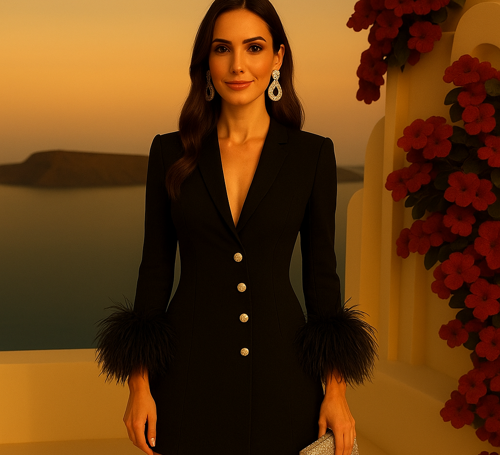 Black onyx dress in shiny cotton, with belt included, sizes (36-46)