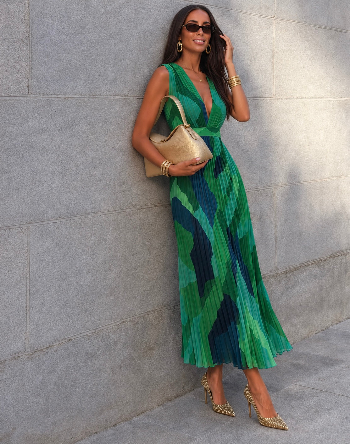 Vestido Green gasa chiffon largo plisado, tallas (34-46) vídeo