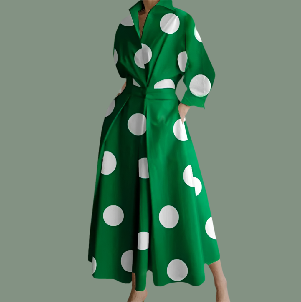 Loren Polka Dot Dress, cotton lycra with pockets and sash, 4 colors, 6 sizes from 36 to 46