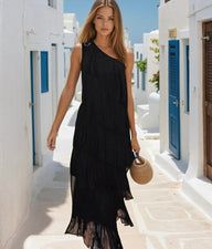 Vestido Mykonos negro flecos asimétrico, 6 tallas de la 36 hasta 46