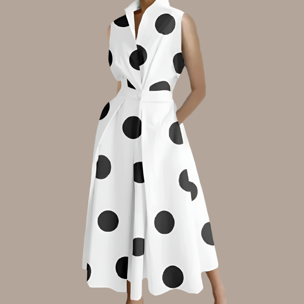 RONDA cotton lycra polka dot dress without sleeves and 2 pockets, 3 colors and 6 sizes