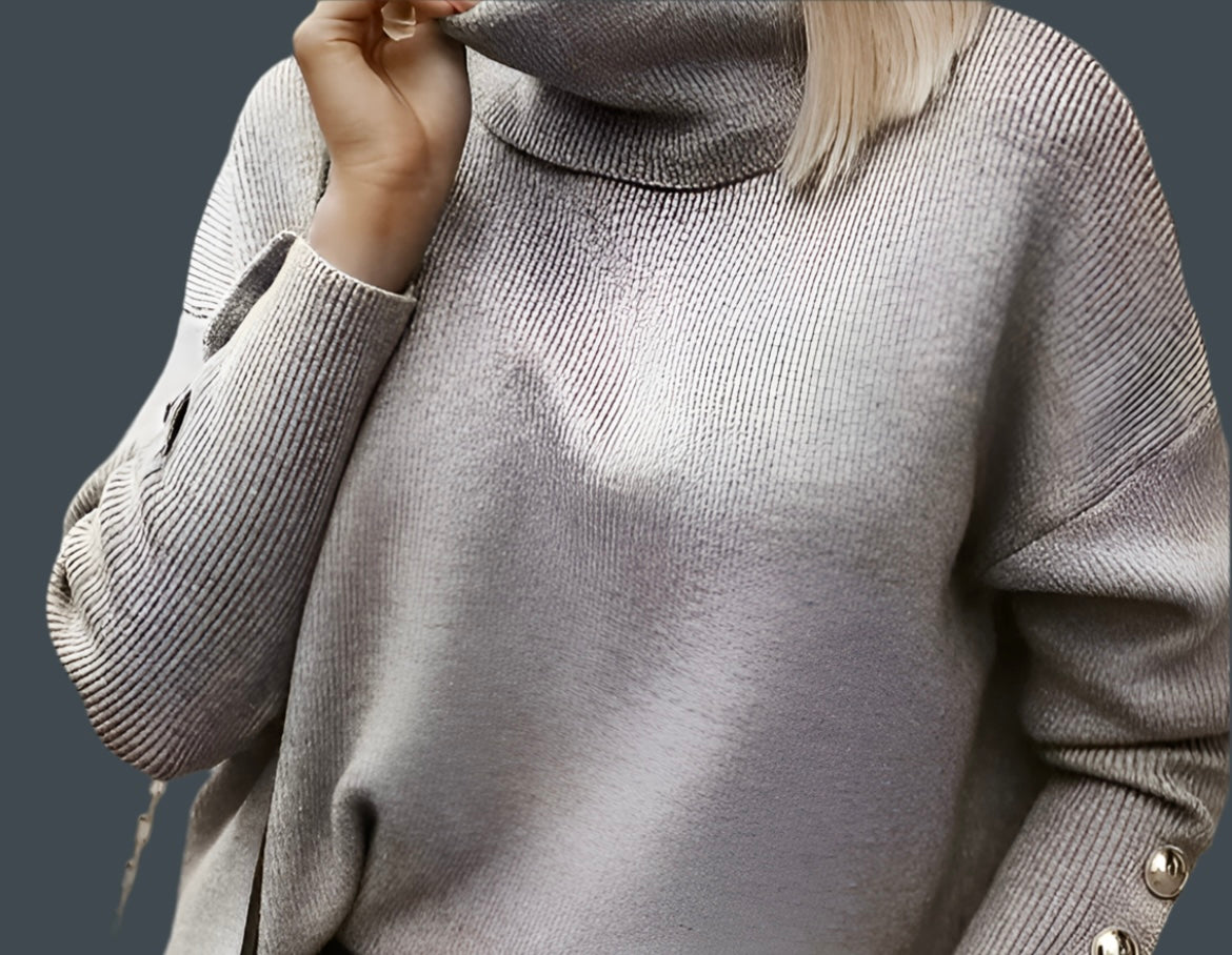 Palermo turtleneck sweater in wool with lycra and button trim, 5 colours, 5 sizes (36-44)