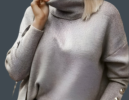 Palermo turtleneck sweater in wool with lycra and button trim, 5 colours, 5 sizes (36-44)