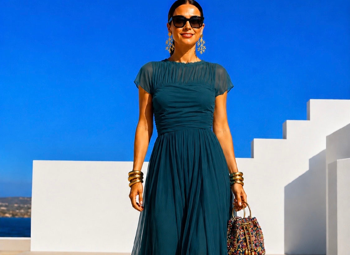 Vestido Quevedo punto licra, gasa, viscosa y tul, pecho y cintura elastane, 2 colores, tallas (34-48) vídeo