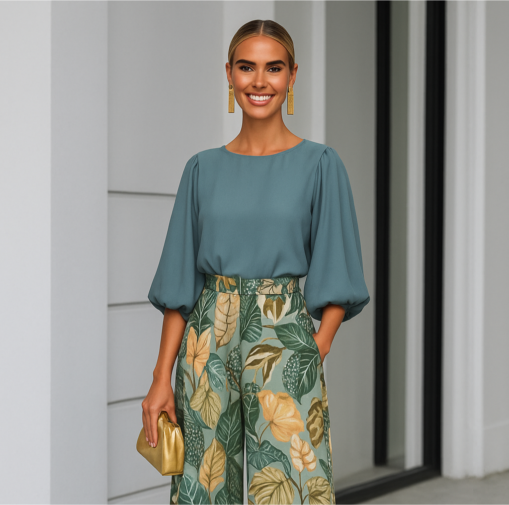 Conjunto Caribe 2 en 1 piezas camisa con puños de nido de abeja satinado y pantalón elástico parte trastera, 3 estampados, tallas (36-50)