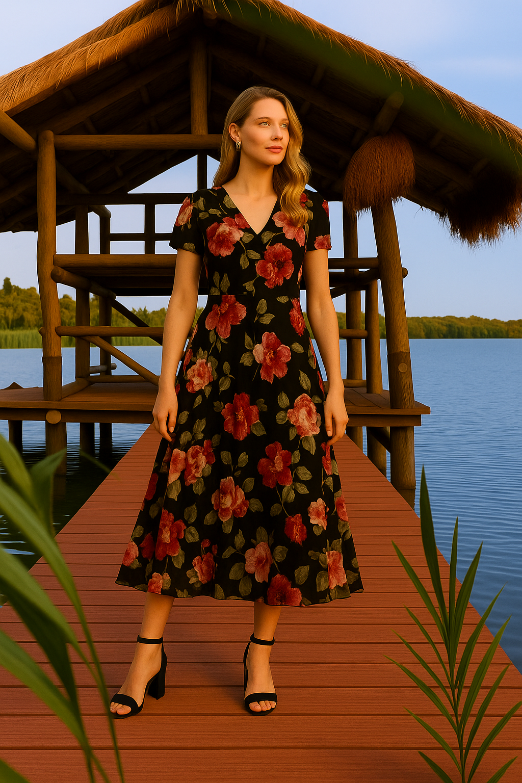 Women Floral Print Pleated Dress V-neck Long Sleeve Ruffled A-line Wrapped Dress Spring Summer Vacation Beach Dresses Streetwear