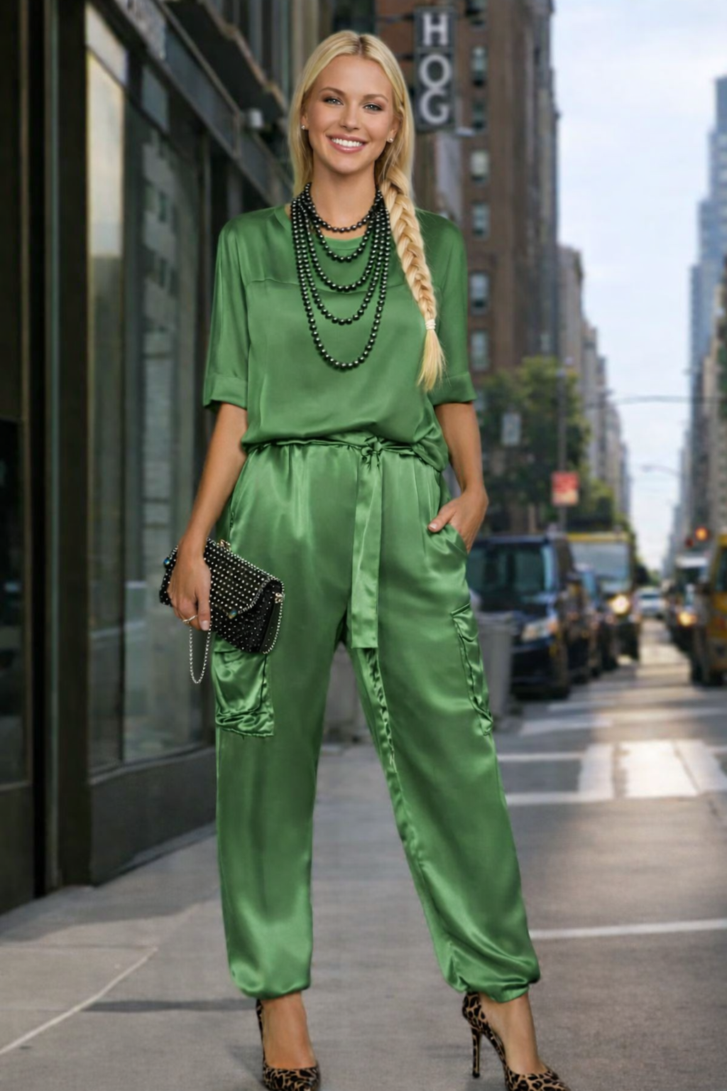 Conjunto Billion top y pantalón elástico satinado, 4 colores tallas (36-48)