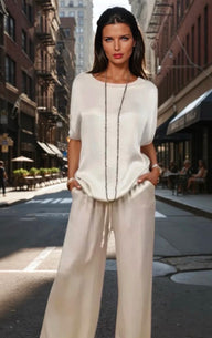 Estefan top and elastic satin trousers, 8 colors, size (34-50)