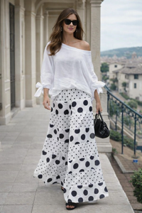 Conjunto Feria lunares 2 piezas top y falda pantalón elástico, 3 estampados, tallas (36-50)