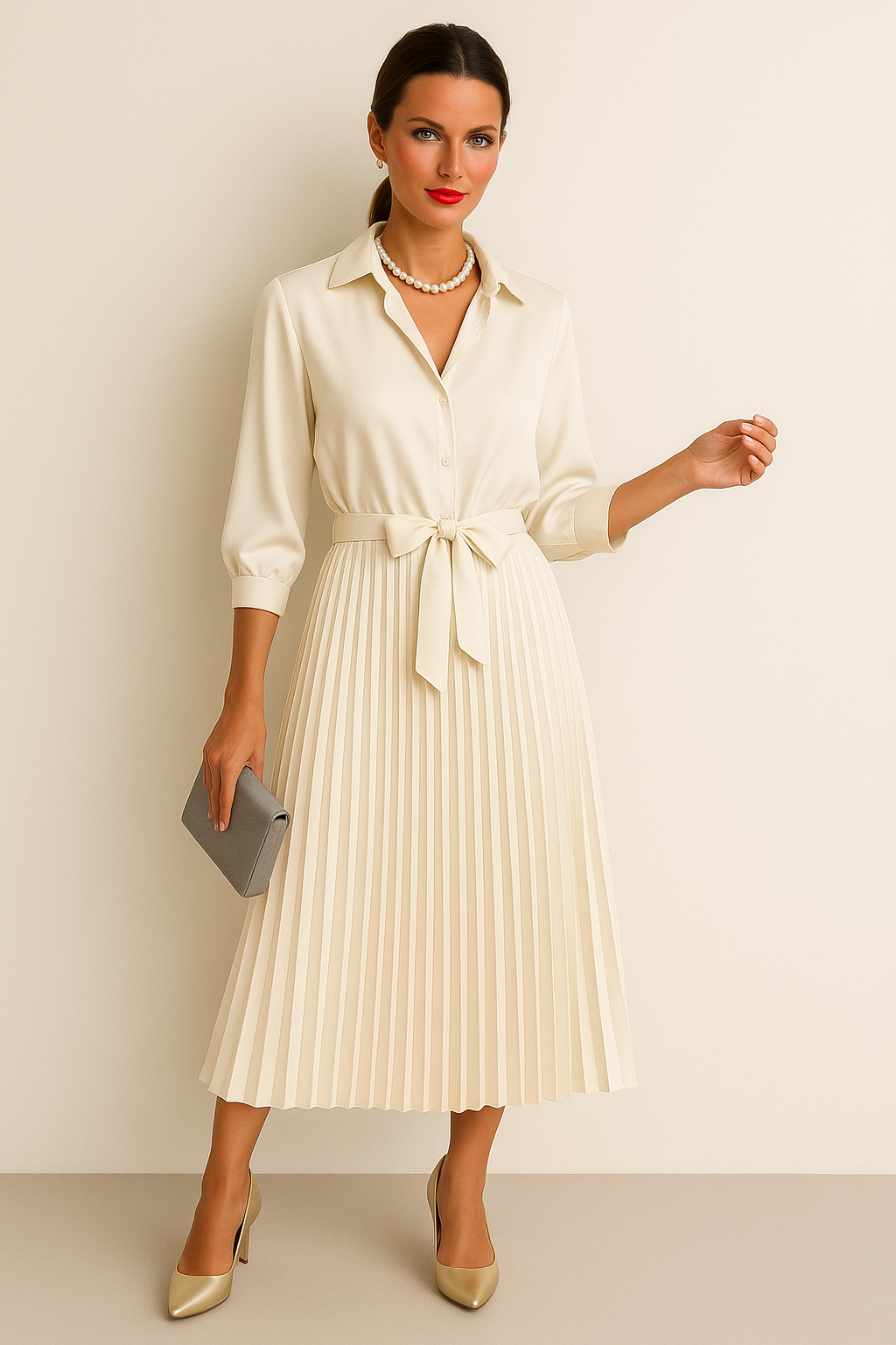 Vestido Daniela satinado plisado cruzado camisero  con cinturón incluido, tallas (36-50) made in Italy