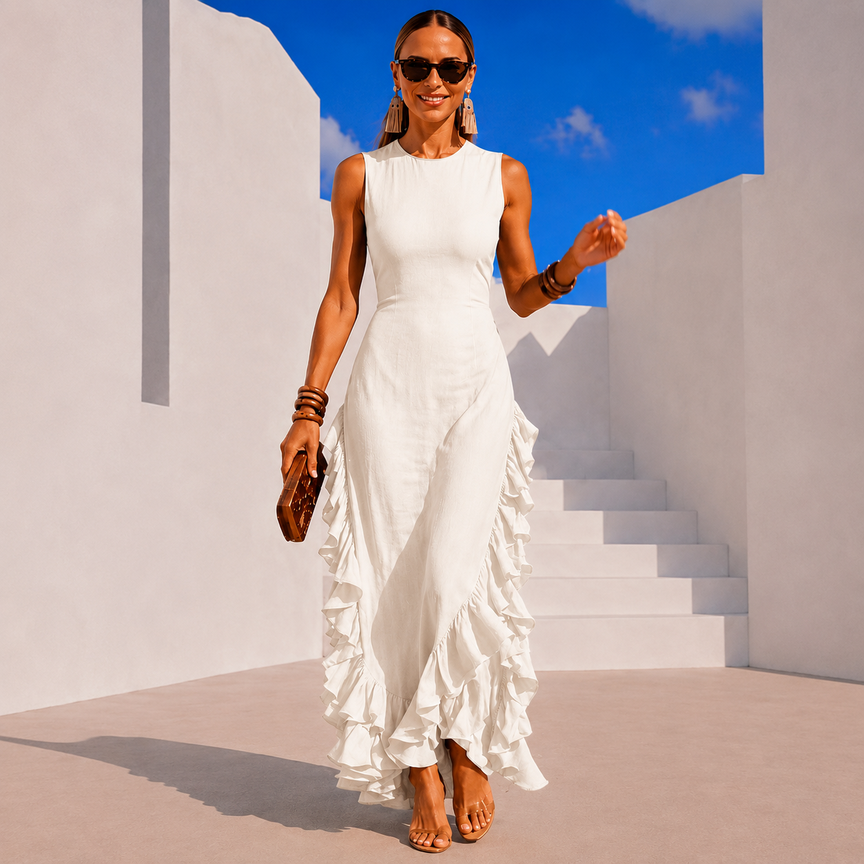 Puerto Rico Ruffled Linen Cotton Dress with Pockets, 5 colors (34-50) video