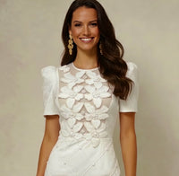 Vestido Martin brocado y bordado de algodón licra, color crema , 36-46)(vídeo)