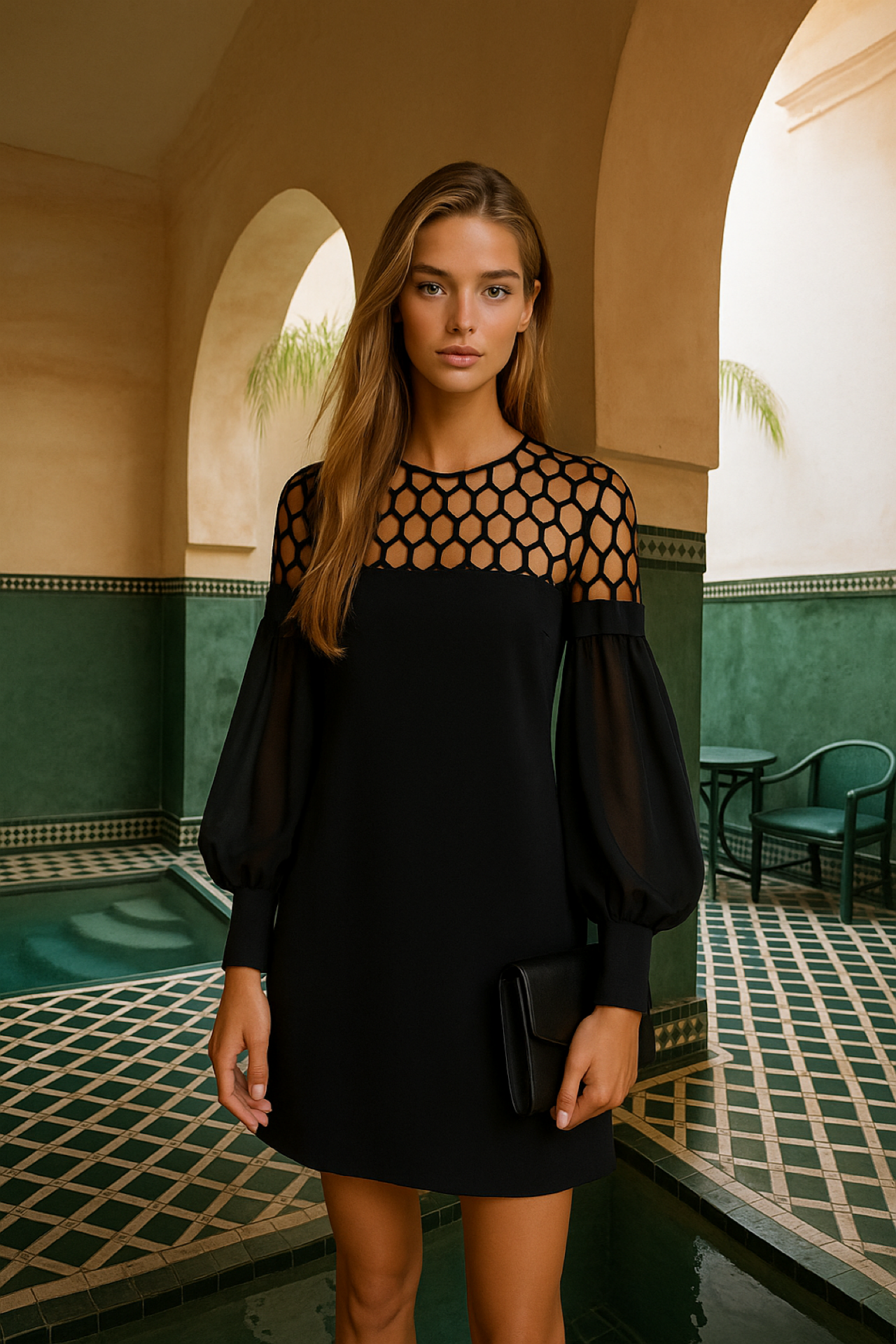 Loreto dress and tulle with transparent net lace, sizes (36-48)