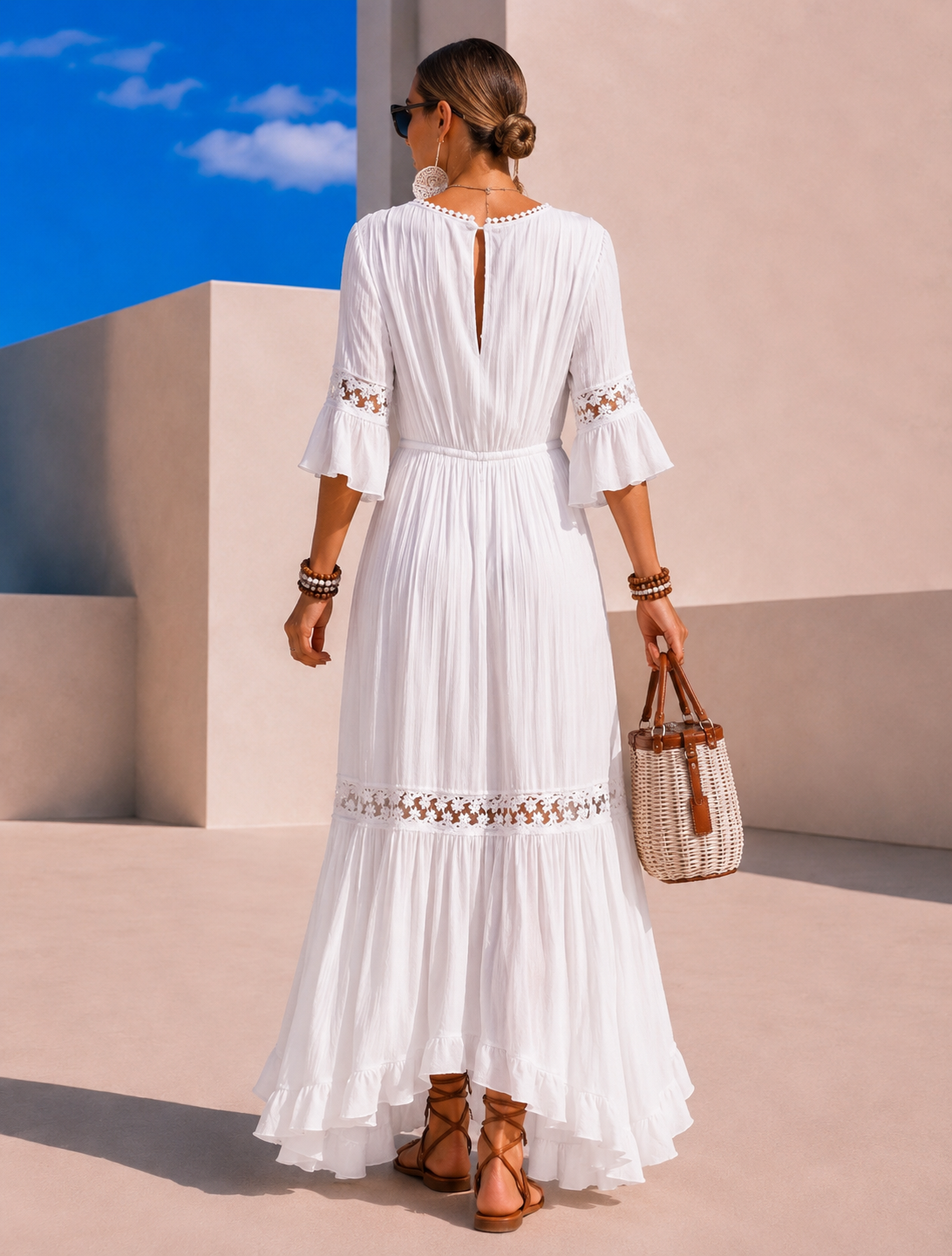 Vestido Catalina encaje algodón cintura elástica, tallas (34-48)
