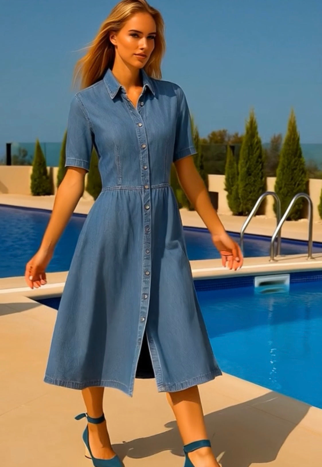 Vestido Denis Denim camisero vaquero licra bolsillos, tallas (36-50)(vídeo)