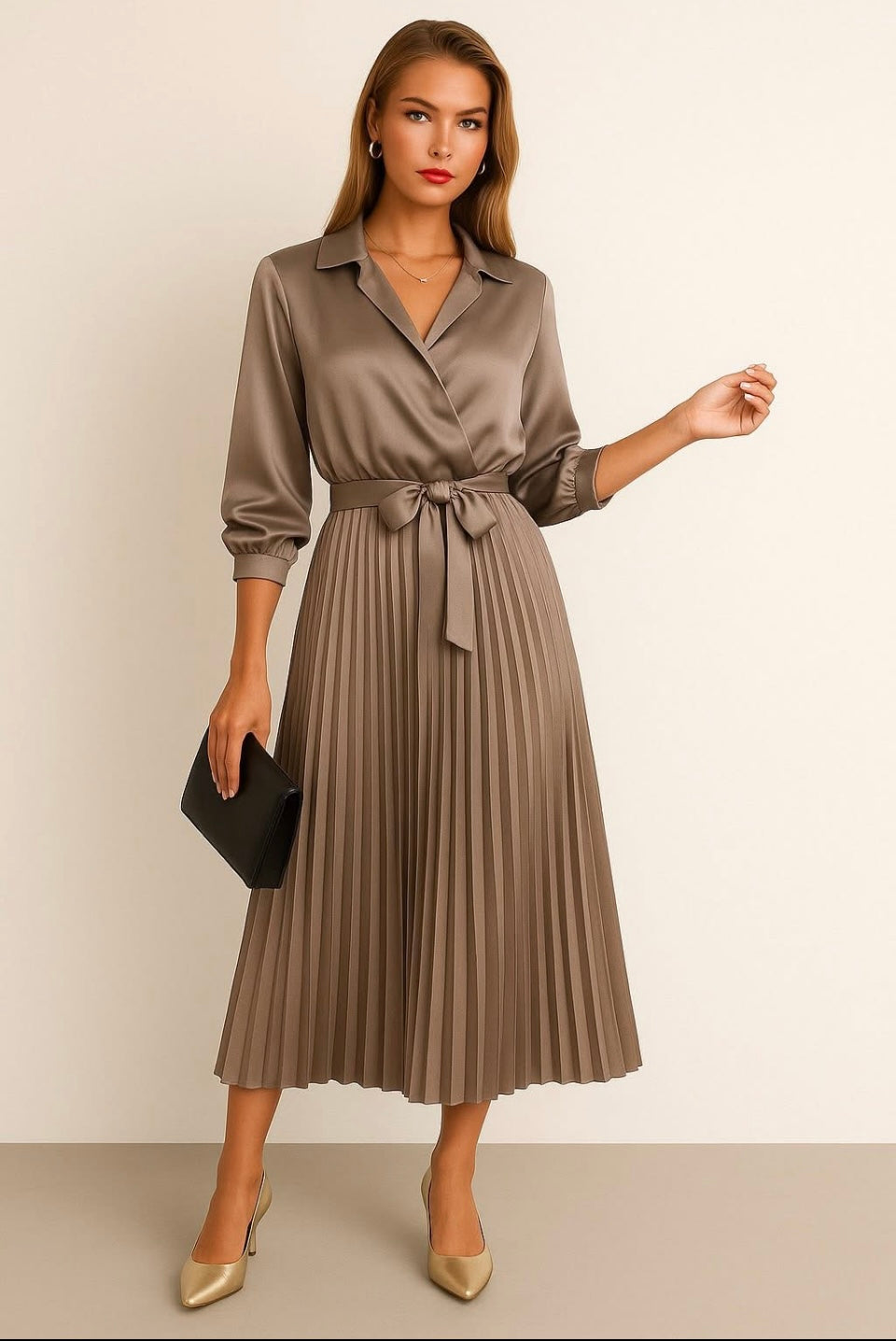 Vestido Daniela satinado plisado cruzado camisero  con cinturón incluido, tallas (36-50) made in Italy