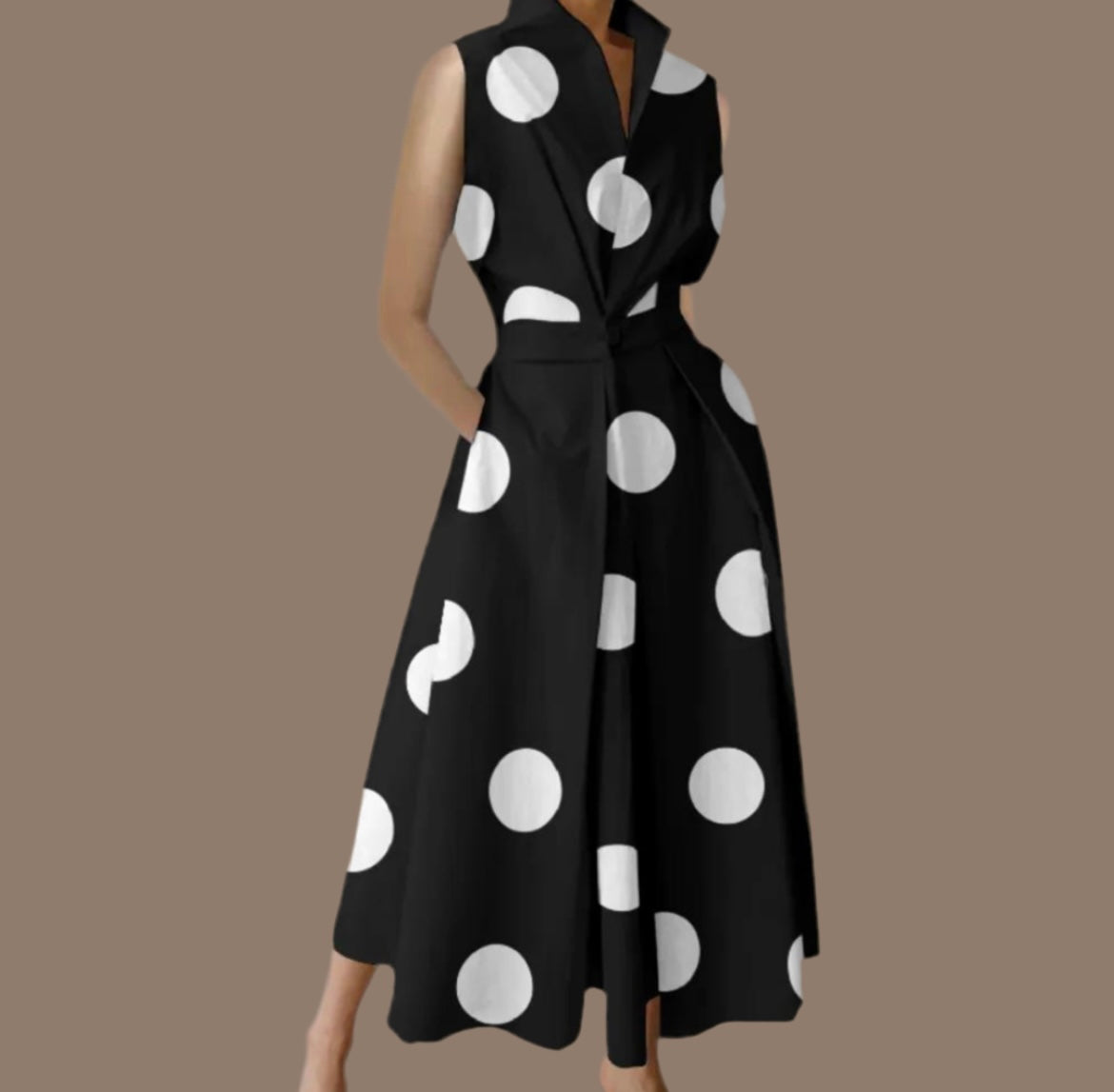 RONDA cotton lycra polka dot dress without sleeves and 2 pockets, 3 colors and 6 sizes