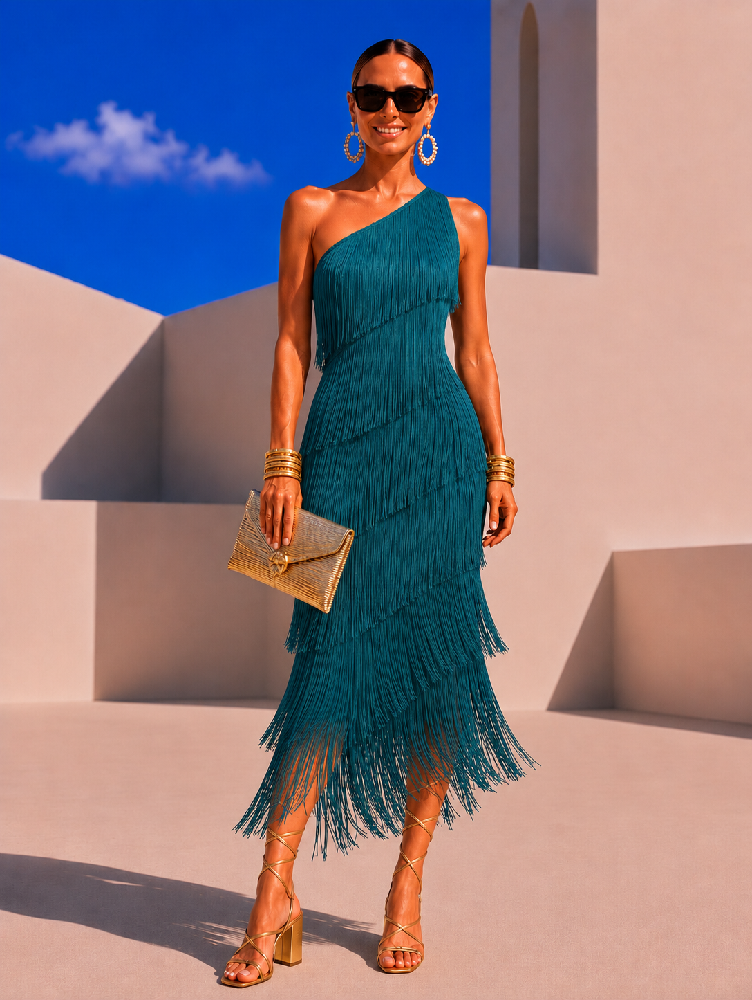 Vestido MYKONOS asimetríco flecos, 3 colores, tallas (36-46) vídeo