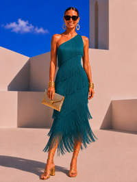 Vestido MYKONOS asimetríco flecos, 3 colores, tallas (36-46) vídeo