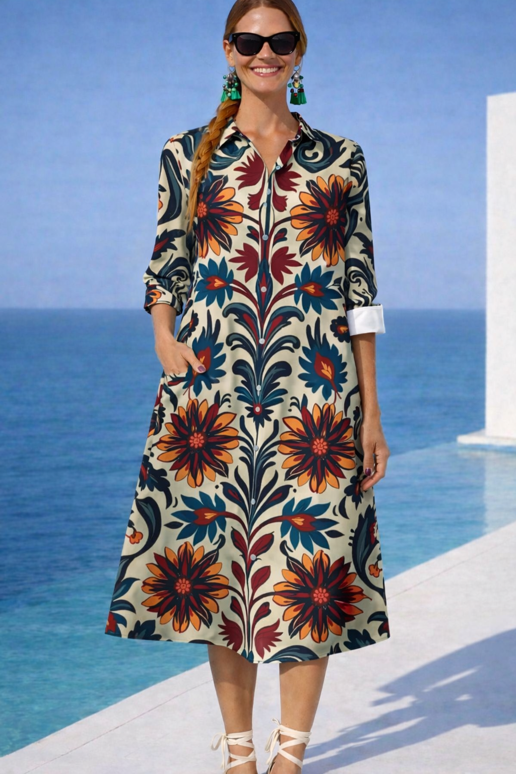 Vestido Aisha algodón camisero bolsillos, 2 estampados, tallas (36-50)(ver vídeo)