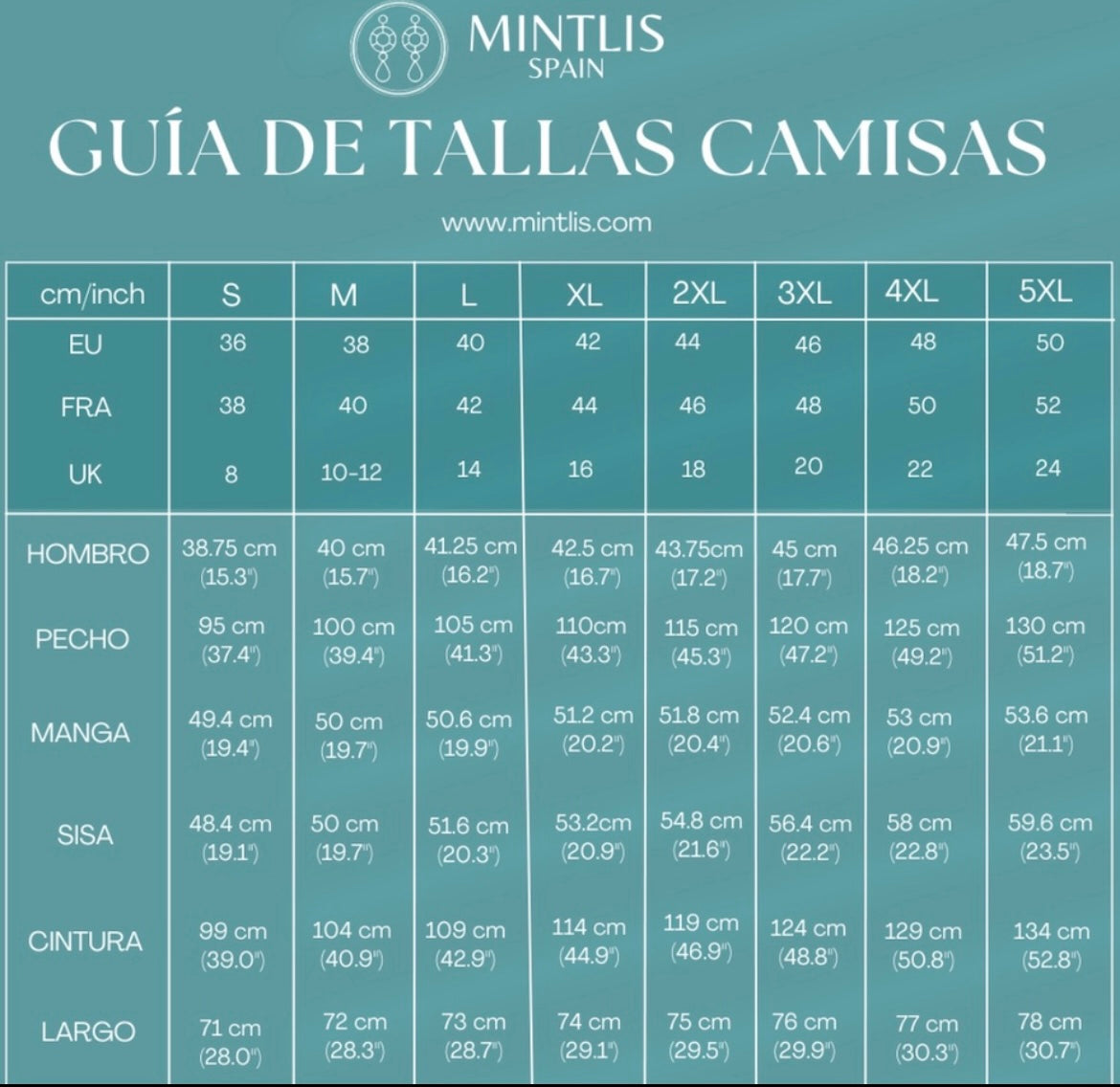 Mintlis mujer algodon camisa Cartuja, tallas (S-5XL)