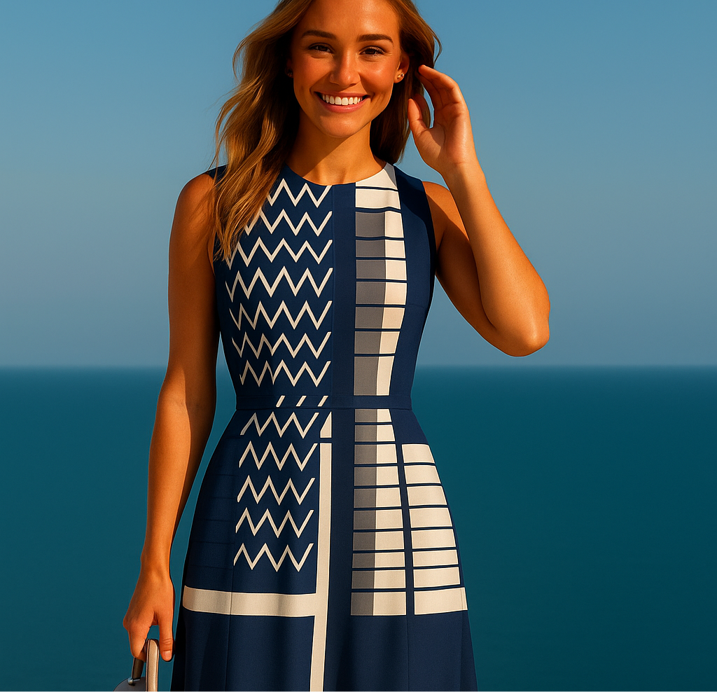 -40% OFF Printed cotton lycra sailor dress includes sash, sizes (36-52)