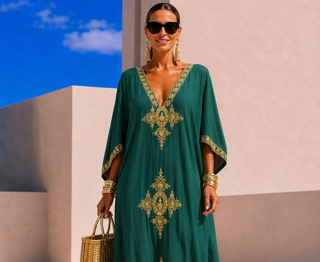 Túnica vestido Marrakesh bordado algodón viscosa, 5 colores, tallas (36-52) vídeo