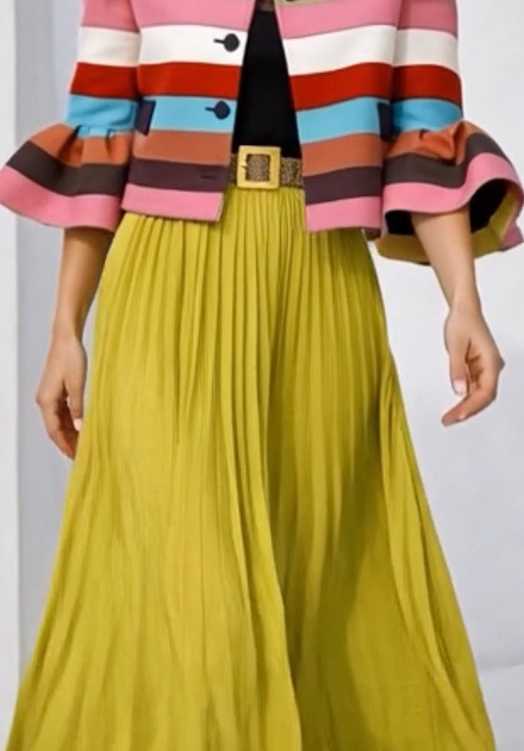 Anja skirt includes belt, pleated satin cotton, elastic waist, 4 colors sizes (36-46)