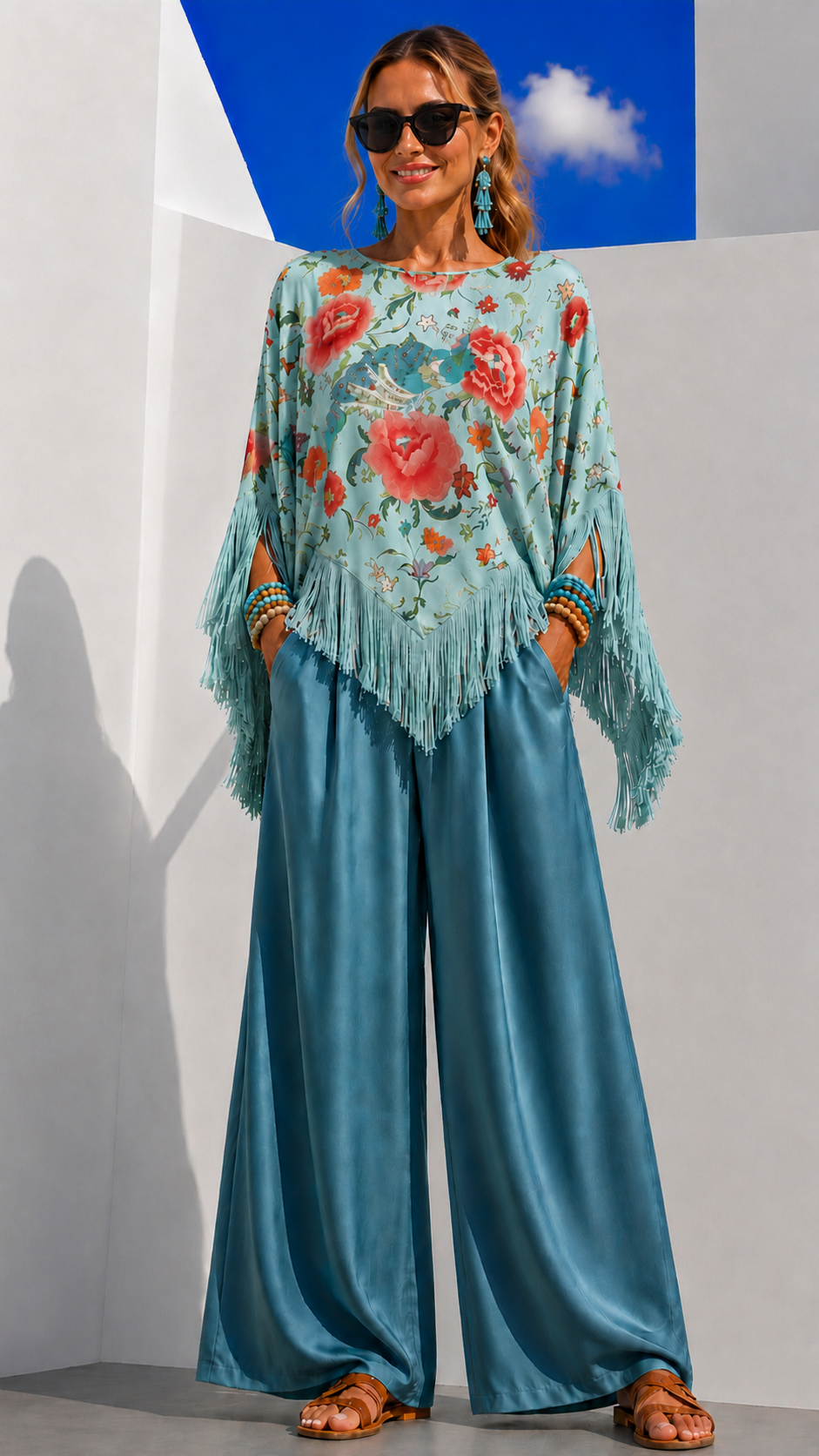 Blusón Aisha satinado flecos azul, talla (34-50)vídeo