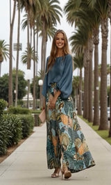 Caribe 2-in-1 set: satin honeycomb cuff shirt and elasticated back trousers, 3 prints, sizes (36-50)