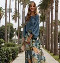 Caribe 2-in-1 set: satin honeycomb cuff shirt and elasticated back trousers, 3 prints, sizes (36-50)